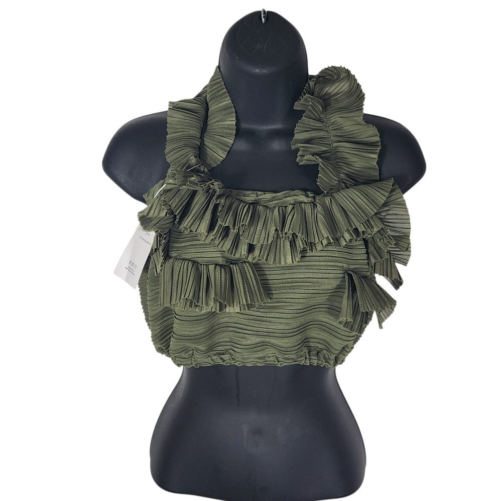Aquamaia New York Olive Green Ruffle Detailed Haltar Neck Crop Top NWT